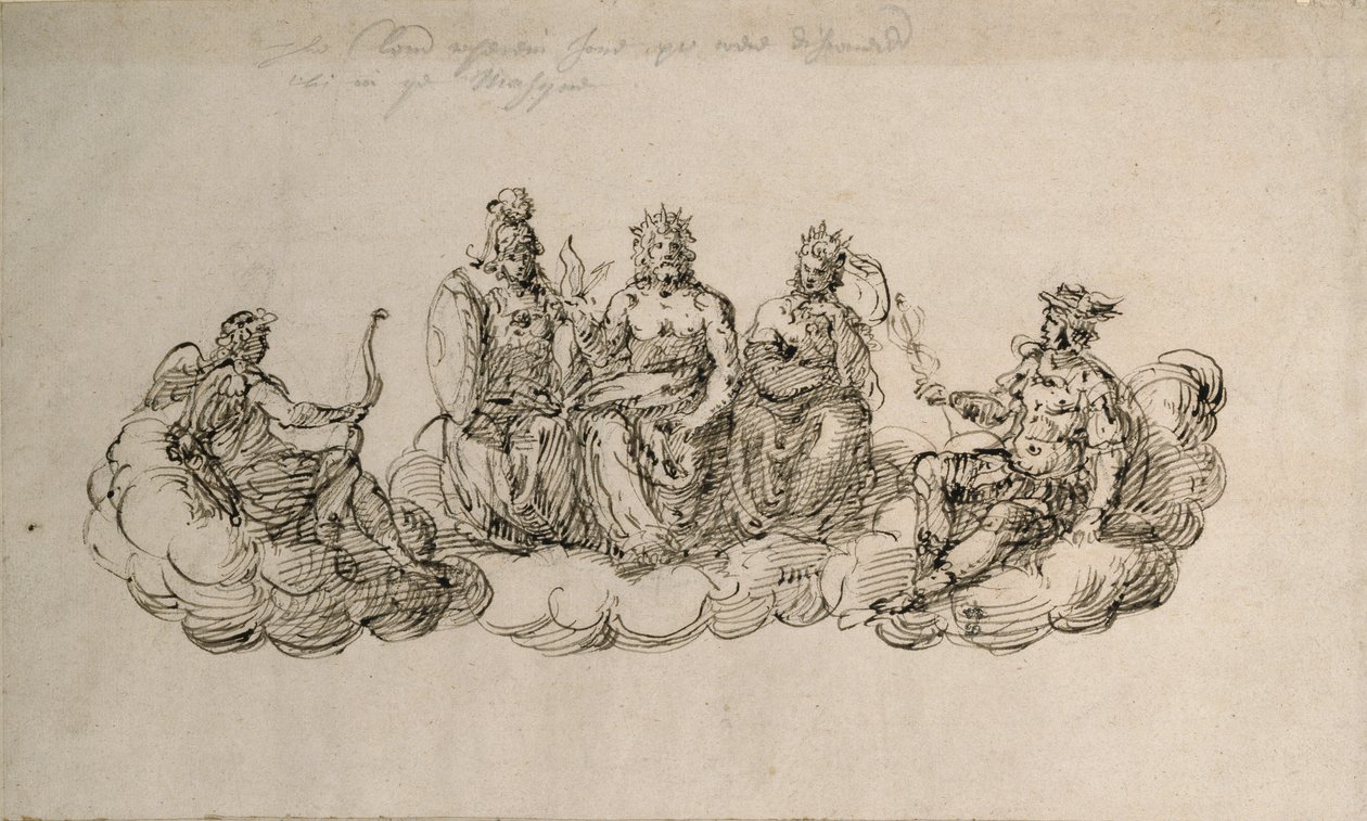 Jove with the Senate of the Gods, c.1622 (penna och bläck på papper) av Inigo Jones