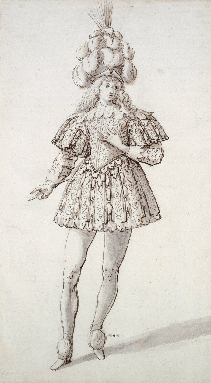 Maskera med fjädrar och plym (penna och bläck på papper) av Inigo Jones