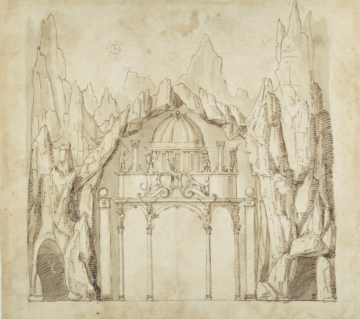 Palats i en grotta, ca 1611 (penna och bläck på papper) av Inigo Jones