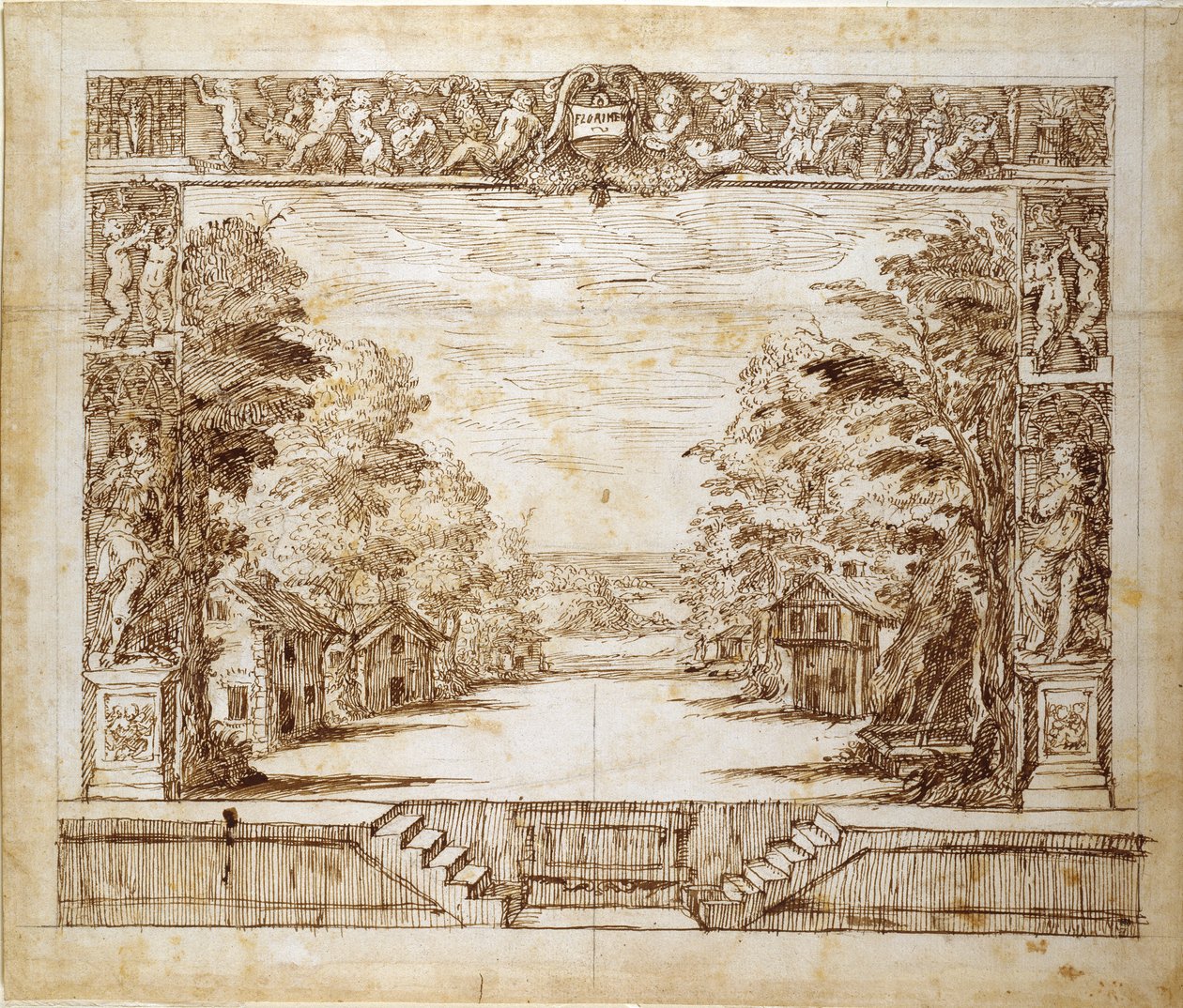 Proscenium och stående scen, ca 1635 (penna och bläck på papper) av Inigo Jones