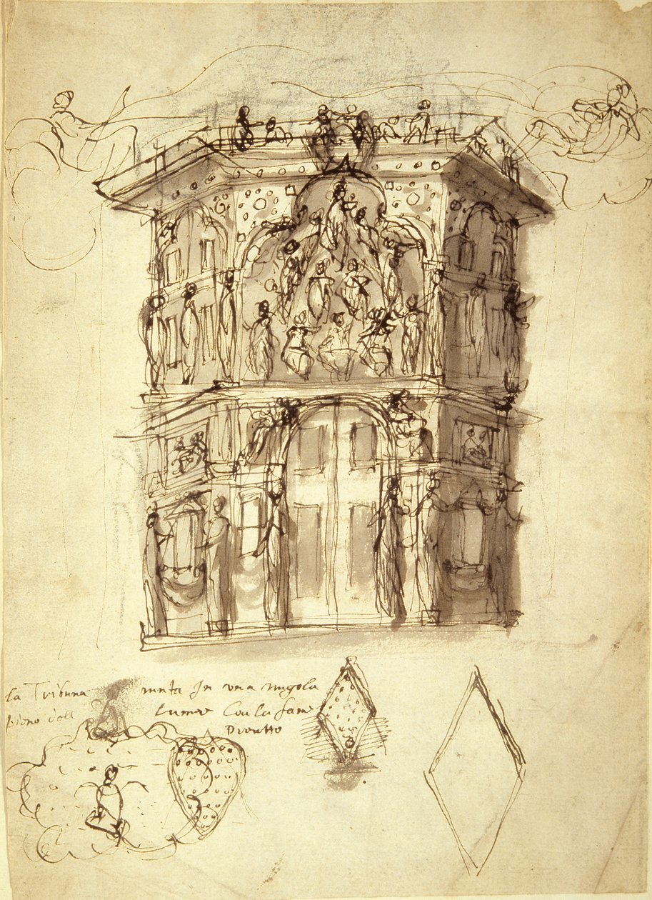 The Masque of Queens, scen 2: House of Fame, ca 1609 (penna och bläck på papper) av Inigo Jones