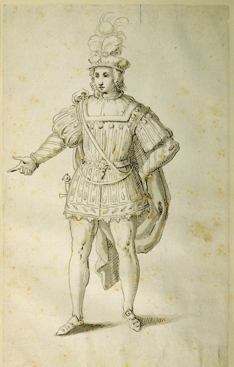 Ungdom i gammal brittisk dräkt, ca 1611 (penna och bläck på papper) av Inigo Jones