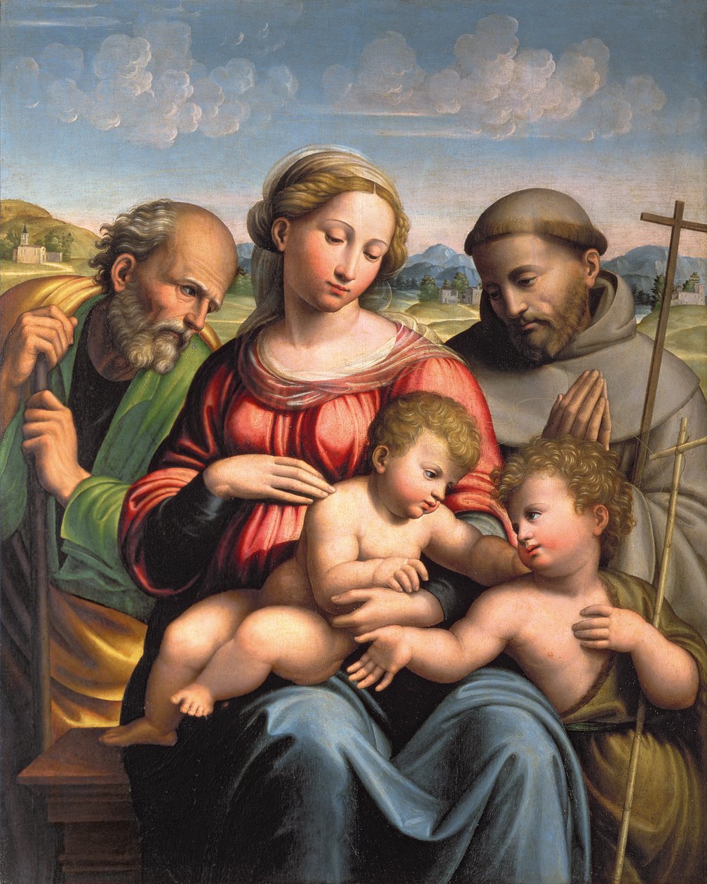 Helig familj med spädbarnet St. Johannes Döparen och St. Franciskus av Innocenzo da Imola