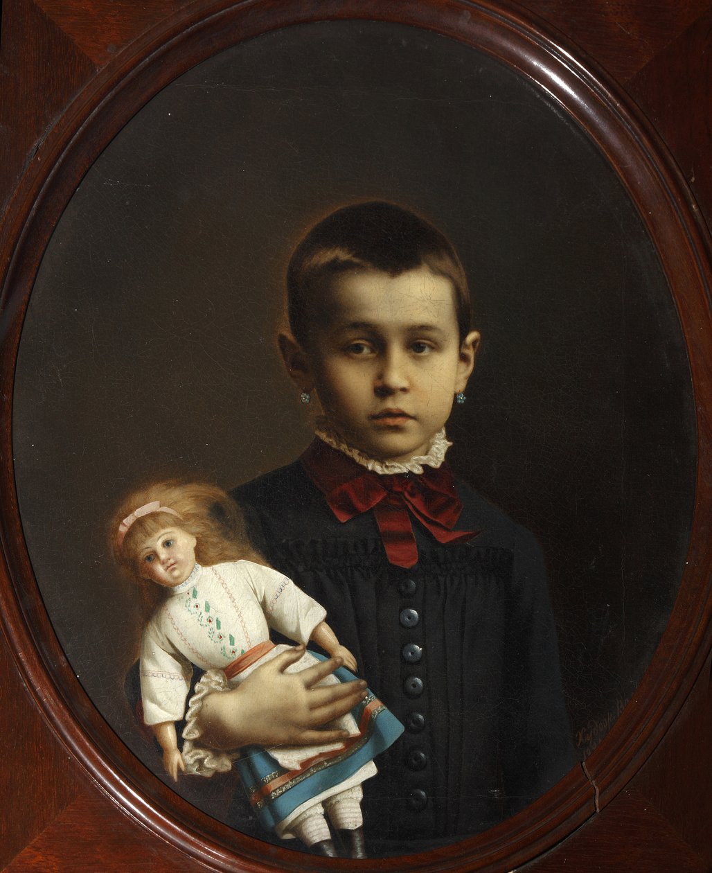 Porträtt av en flicka med docka i handen av Volkov, Iosif Petrovich (1854-efter 1897). Olja på duk av Iosif Petrovich Volkov