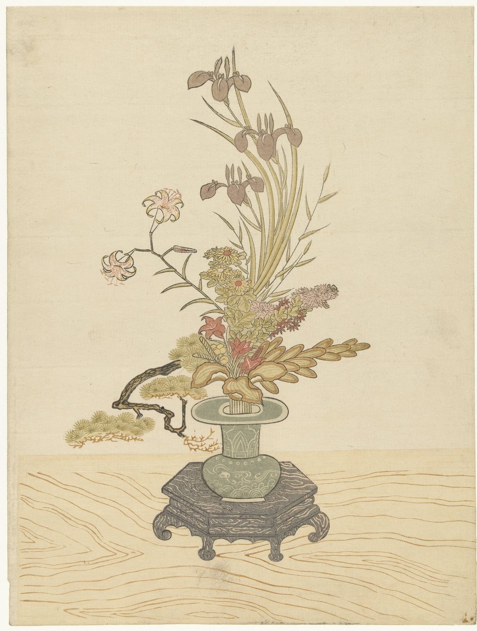 Ikebana blomsterarrangemang i grön vas av Ippitsusai Bunchô (manner of)