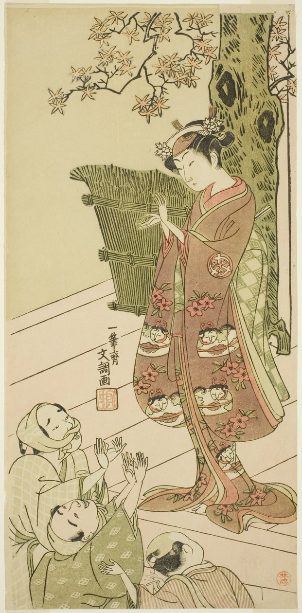 Skådespelaren Arashi Hinaji I, möjligen som Yuya Gozen i pjäsen Ima o Sakari Suehiro Genji (Genji-klanen nu på sin zenit), uppförd på Nakamura-teatern från den första dagen i den elfte månaden, 1768 av Ippitsusai Bunchō