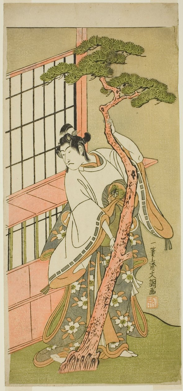Skådespelaren Ichikawa Monnosuke II som Tsunewaka-maru i pjäsen Iro Moyo Aoyagi Soga, framförd på Nakamura Theatre i den andra månaden, 1775 av Ippitsusai Bunchō