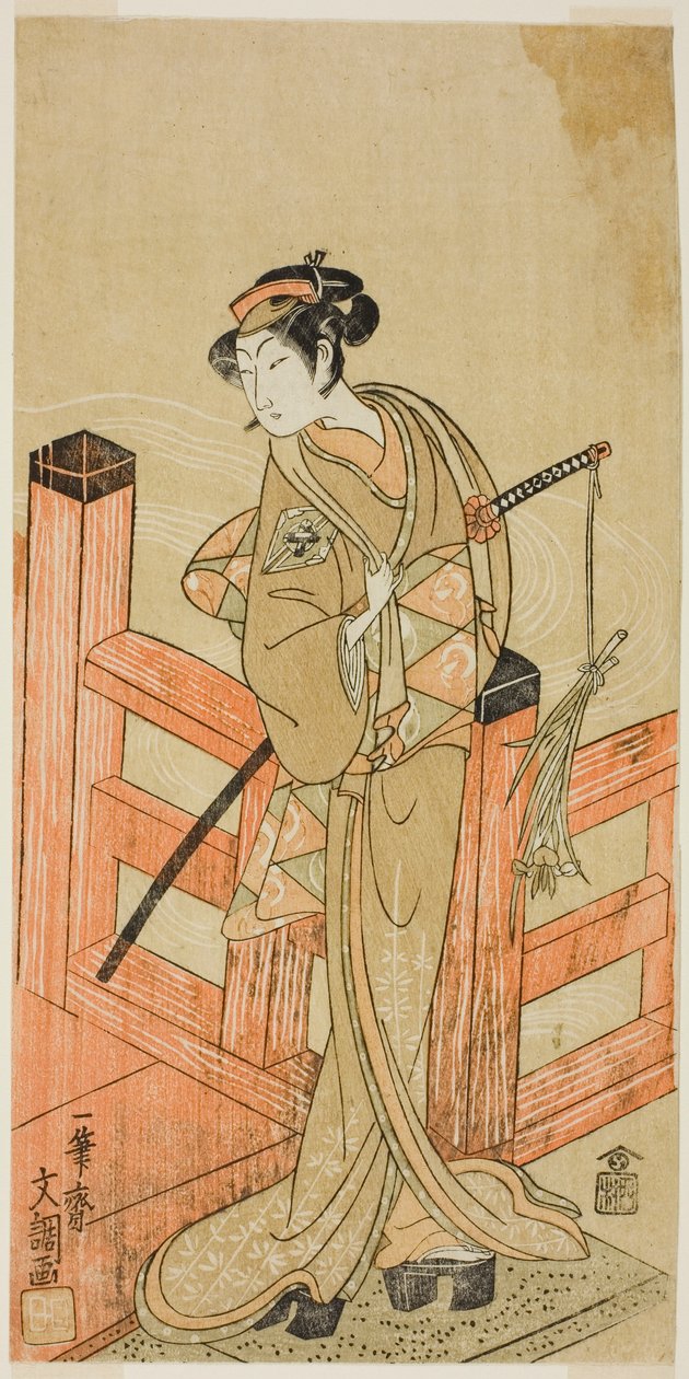 Skådespelaren Nakamura Matsue I som Tsuchiya Umegawa förklädd till den kvinnliga sumobrottaren Oyodo (?) i pjäsen Naniwa no Onna-zumo (?), framförd på Nakamura Theatre (?) i sjätte månaden, 1770 (?) av Ippitsusai Bunchō