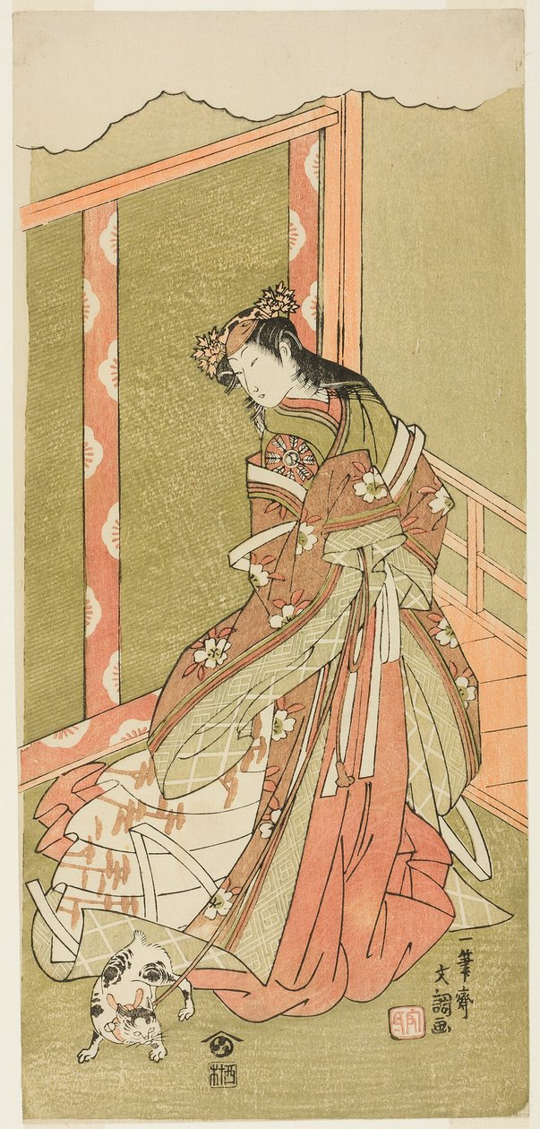 Skådespelaren Nakamura Noshio I som den tredje prinsessan (Nyosan no Miya) i pjäsen Fuki Kaete Tsuki mo Yoshiwara (Rethatched Roof: The Moon also Shines Over the Yoshiwara Pleasure District), uppförd på Morita Theatre från den första dagen av den elfte mån av Ippitsusai Bunchō