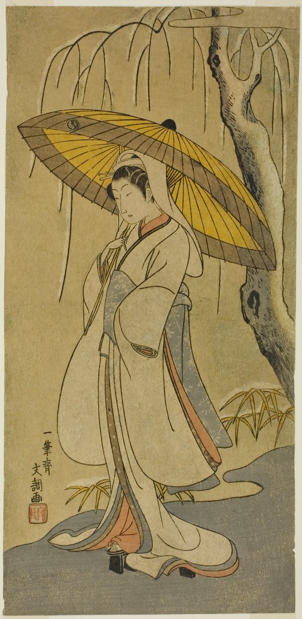 Skådespelaren Segawa Kikunojo II som Heron Maiden i pjäsen "Cotton Wadding of Izu Protecting the Matrimonial Chrysanthemums (Myoto-giku Izu no Kisewata)" uppfördes på Ichimura Theatre från den första dagen i den elfte månaden, 1770 av Ippitsusai Bunchō