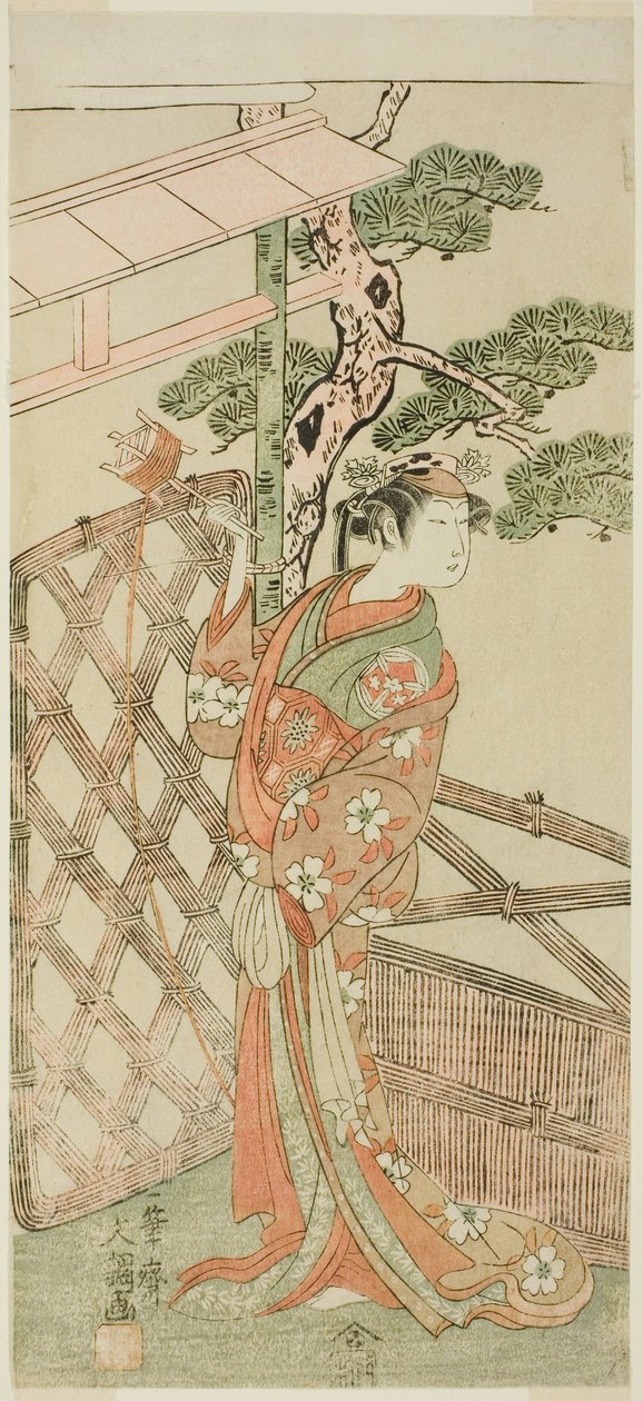 Skådespelaren Yamashita Kinsaku II som Moshio, Ito Sukekiyos fru, i pjäsen Izu-goyomi Shibai no Ganjitsu, framförd på Morita-teatern under elfte månaden, 1772 av Ippitsusai Bunchō