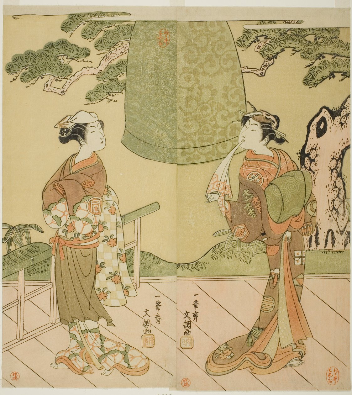 Skådespelarna Ichimura Uzaemon IX som Shume no Hangan Morihisa (höger) och Sanogawa Ichimatsu II som Chujo (vänster), i pjäsen Edo no Hana Wakayagi Soga, framförd på Ichimura Theatre i den andra månaden, 1769 av Ippitsusai Bunchō