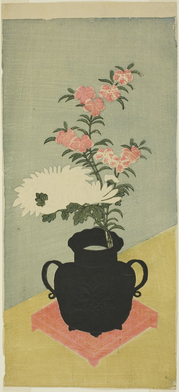 Vita krysantemum och rosa i en svart vas av Ippitsusai Bunchō