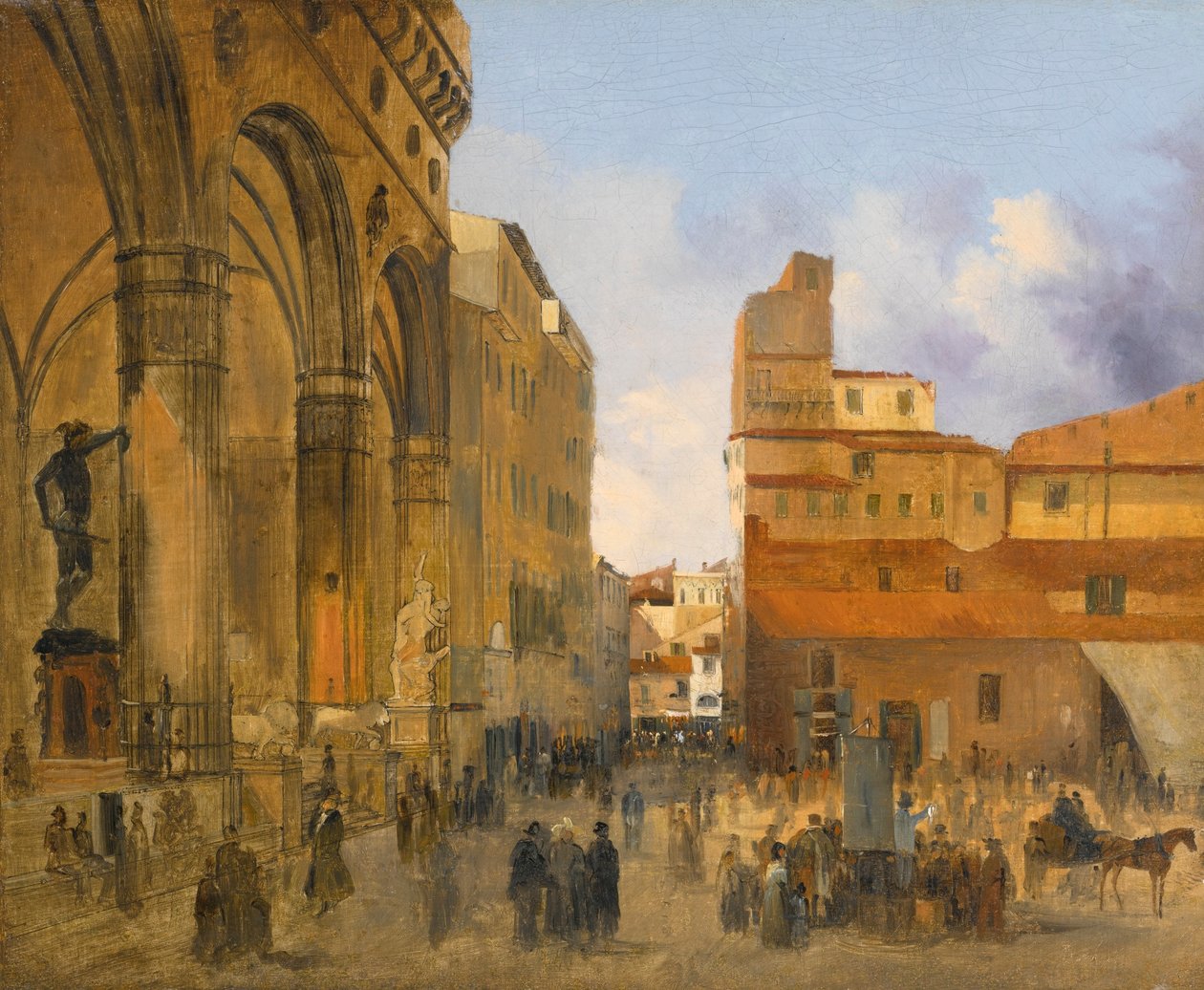 Florens, vy över Piazza della Signoria med Loggia dei Lanzi till vänster av Ippolito Caffi