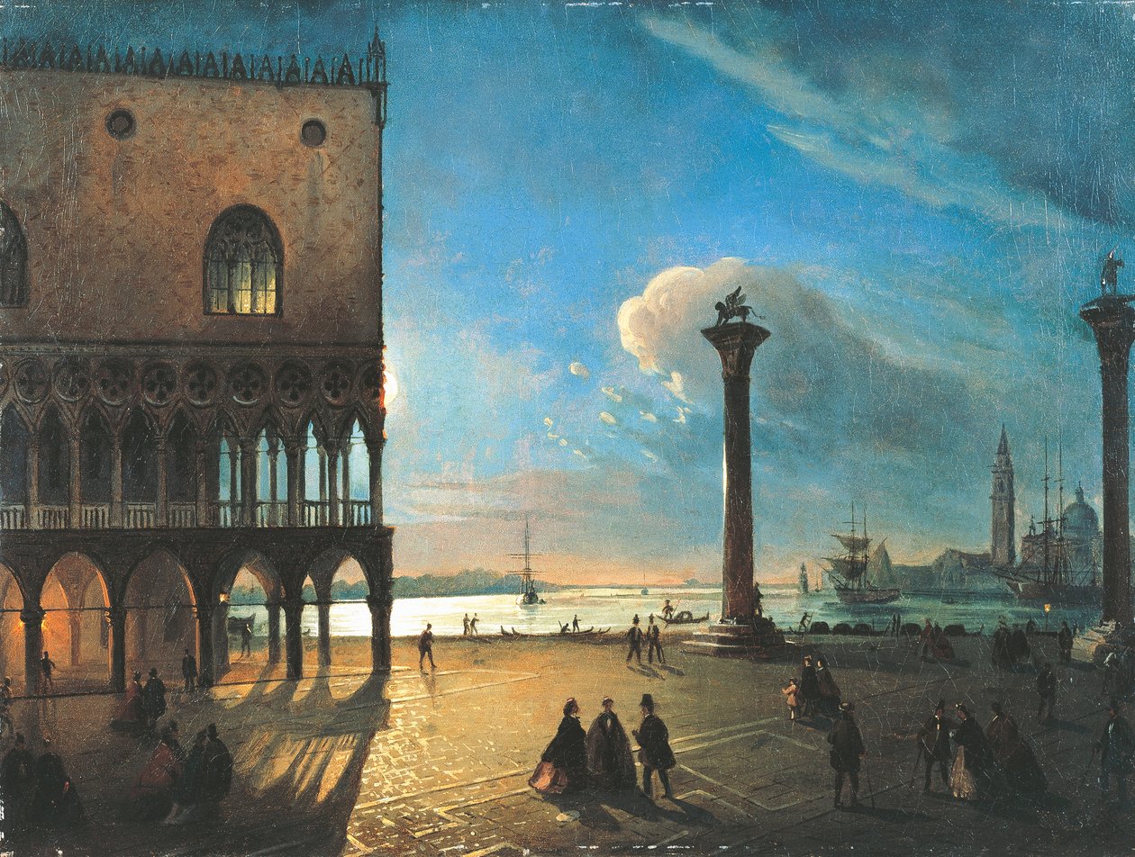 Piazzetta San Marco i månsken, Venedig, av Ippolito Caffi (1809-1866), olja på duk, 52x70 cm av Ippolito Caffi