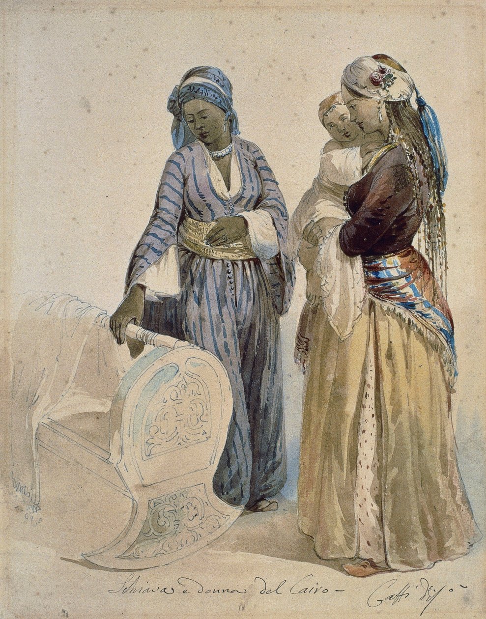 Slav och kvinna från Kairo, akvarellteckning av Ippolito Caffi (1809-1866) av Ippolito Caffi