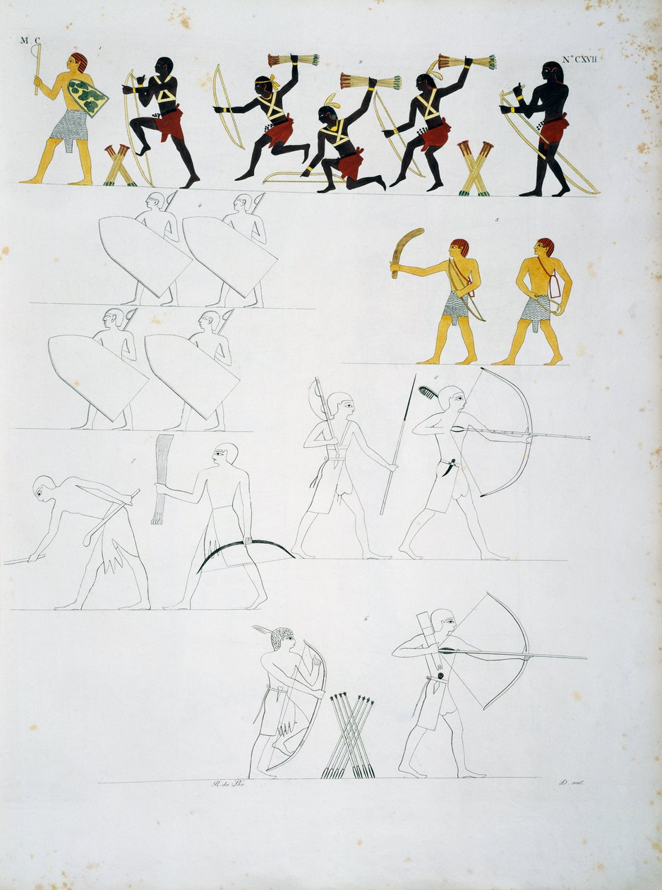 Militära scener, soldater med bågar och pilar, från Beni Hasans gravar, tavla CXVIII, från monument i Egypten och Nubien: civila monument av Ippolito Rosellini