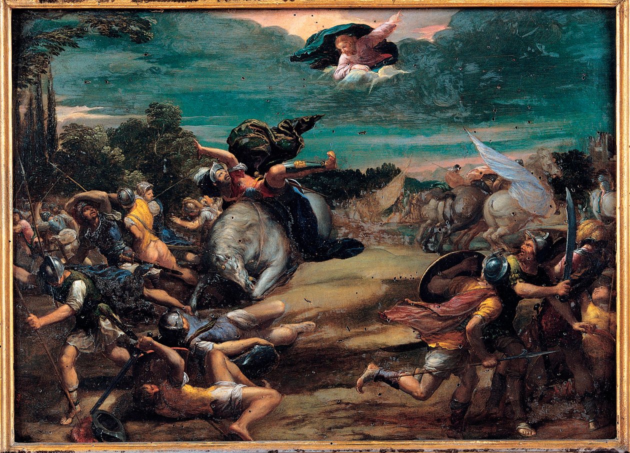 La conversion sur le chemin de Damas (Sankt Paulus) - Omvändelsen på vägen till Damaskus - Målning av Ippolito Scarsellino (Scarsella) (1551-1620), Olja på trä 1590-1595 (39x55 cm) - Musei Capitolini, Rom av Ippolito Scarcella