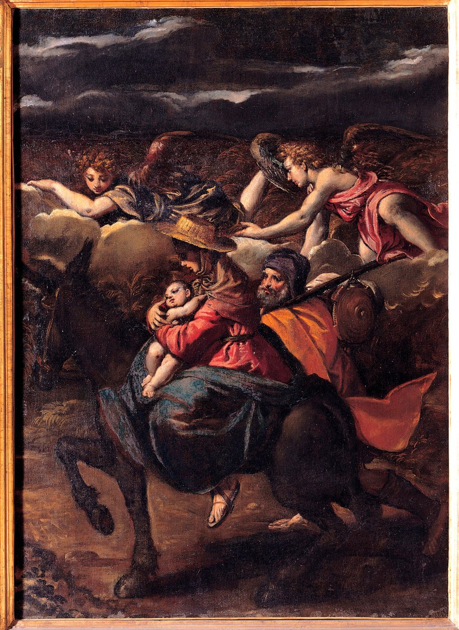 La fuite en Egypte - Flygningen till Egypten - Målning av Ippolito Scarsellino (Scarsella) (1551-1620), Olja på duk 1585 (101x73 cm) - Musei Capitolini, Rom av Ippolito Scarcella