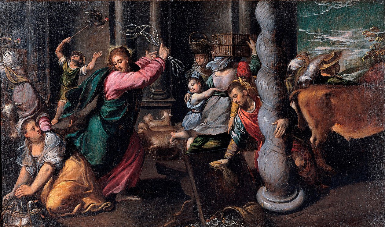 Le Christ chassant les marchands du temple - Kristus driver pengarlångivare från templet - Målning av Ippolito Scarsellino (Scarsella) (1551-1620), Olja på duk 1580-1585 (68x116 cm) - Musei Capitolini, Rom av Ippolito Scarcella