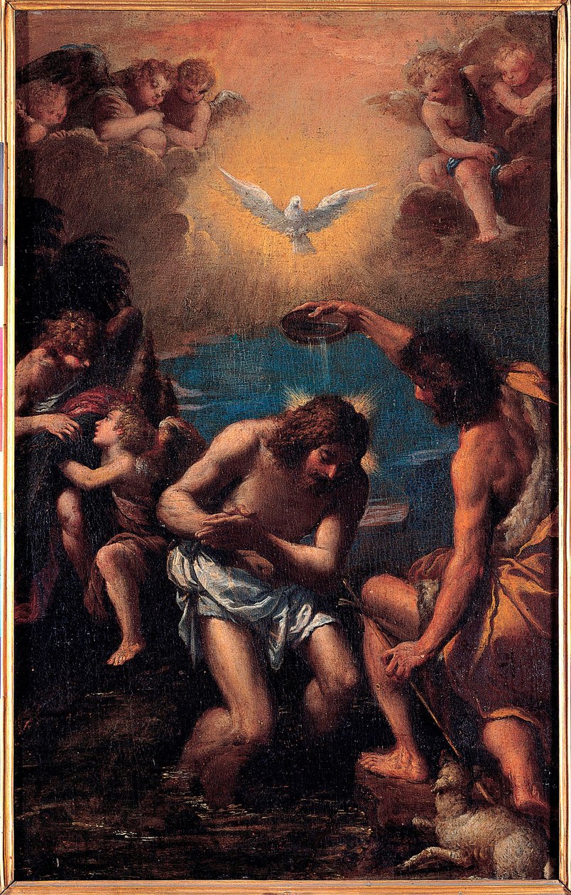 Kristi dop - Johannes Döparen döper Jesus Kristus med Jordans vatten med, ovanför dem, den helige Andes duva (Helige Ande) - Kristi dop - Målning av Ippolito Scarsellino (Scarsella) (1551-1620) ), Olja på trä 1585- av Ippolito Scarcella