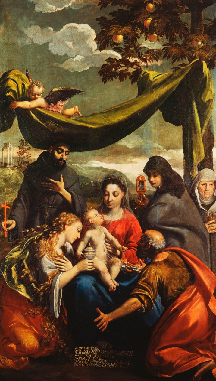 Madonnan och barnet med de heliga Maria Magdalena, Peter, Clare och Franciskus och ett porträtt av abbedissan av Ippolito Scarsella
