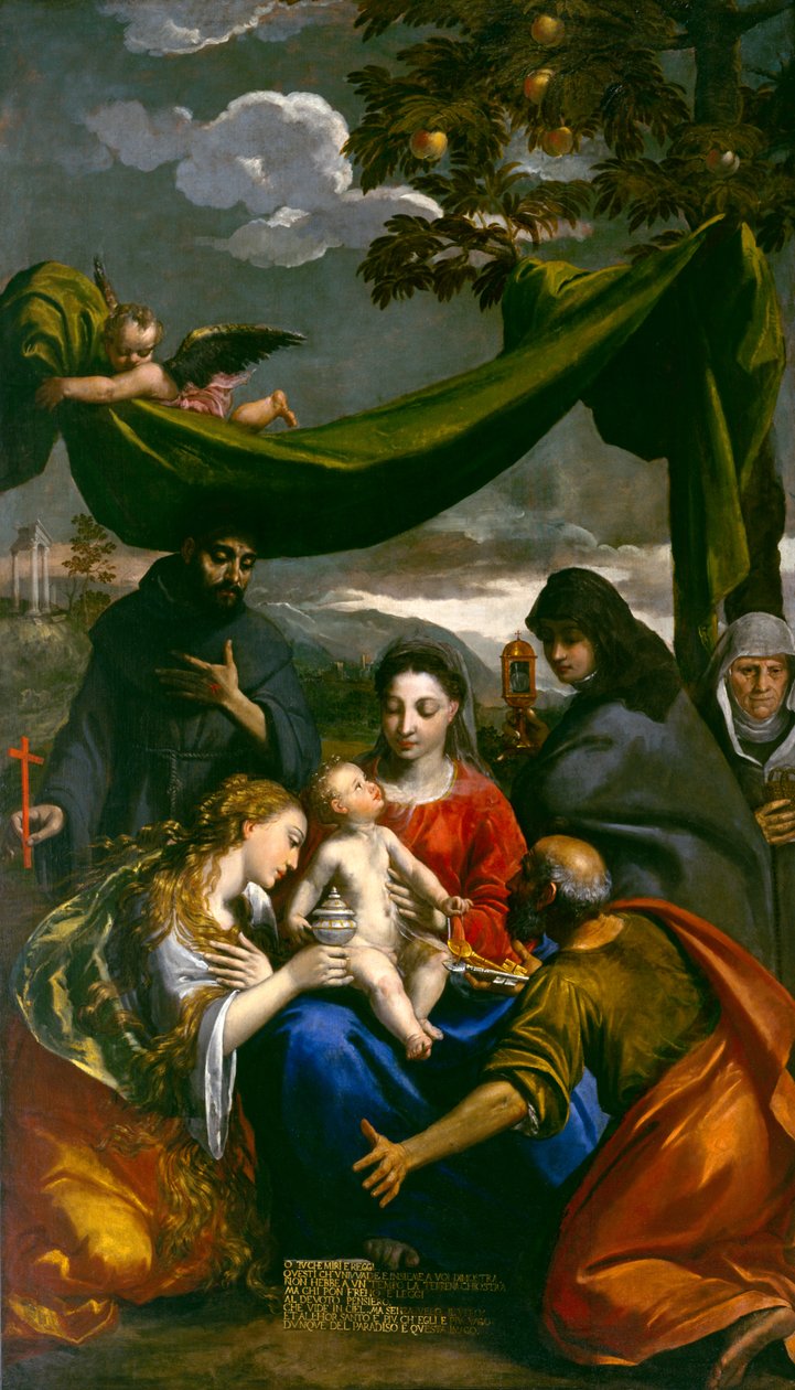 Jungfru och barn med de heliga Maria Magdalena, Peter, Klara, Franciskus och en abbedissa, ca 1600 av Ippolito Scarsella