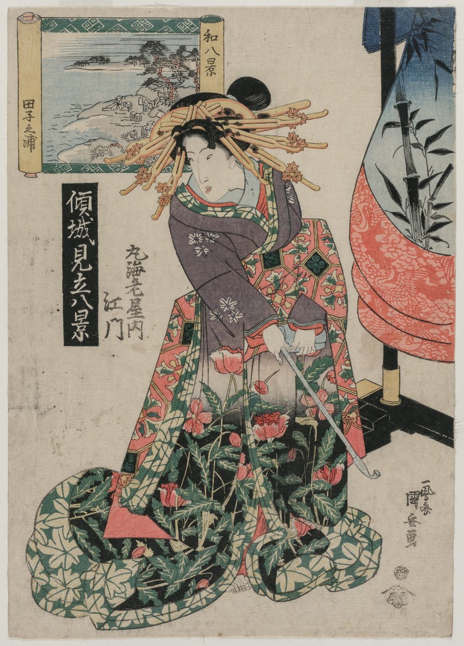 Courtesan Emon av Maruebiya med utsikt över Tago Bay..., ca. sent 1820-tal eller tidigt 1830-tal. av Ipposai Kuniyasu