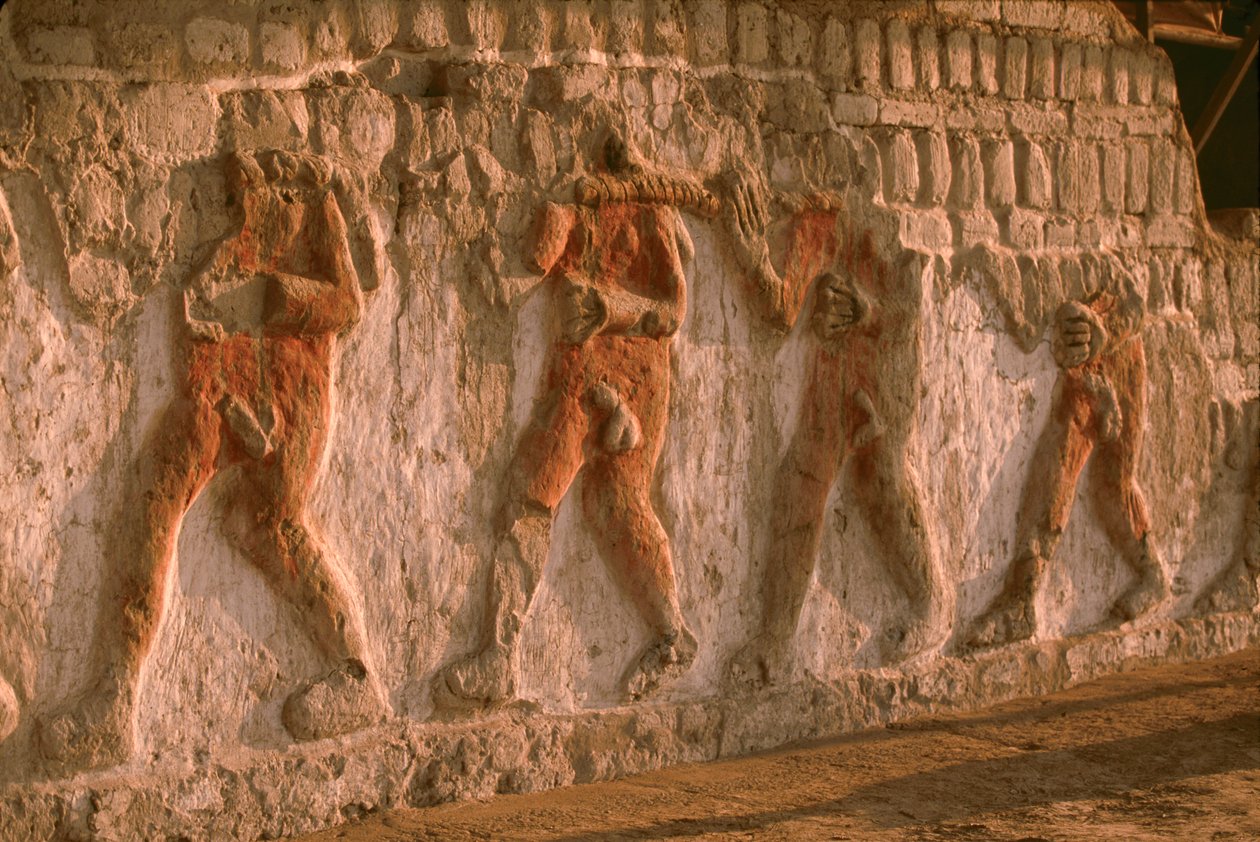 En fris av nakna fångar från Moche på Huaca Cao Viejo-väggarna i El Brujo...., 2005 (foto) av Ira Block