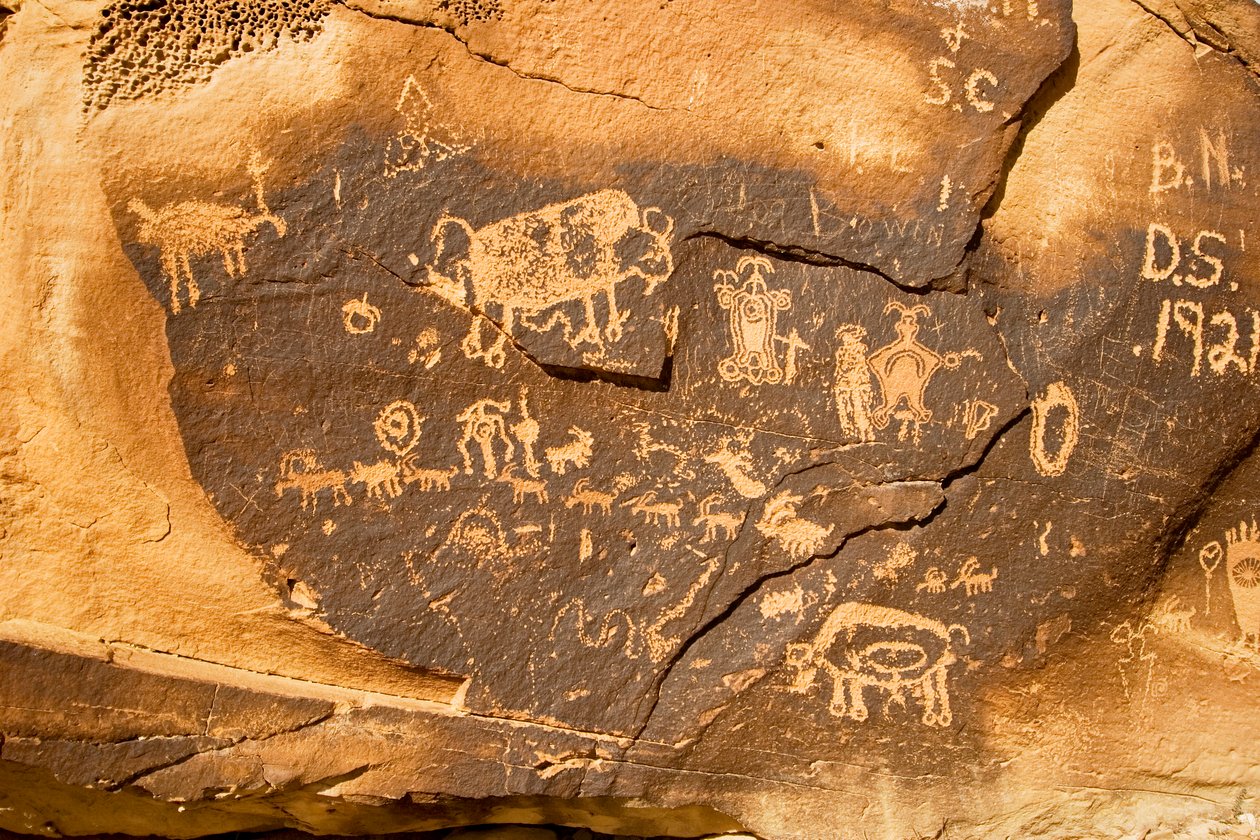 En petroglyf på ett stenblock med en bisonoxe och en annan dräktig bisonoxe vid Willow Bend den..., 2005 (foto) av Ira Block