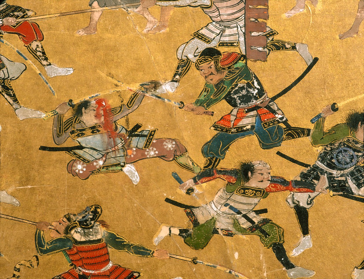 Detaljpaneler som visar slaget vid Osaka och andra stridsscener, Osakas slottsmuseum, 2005 (foto) av Ira Block