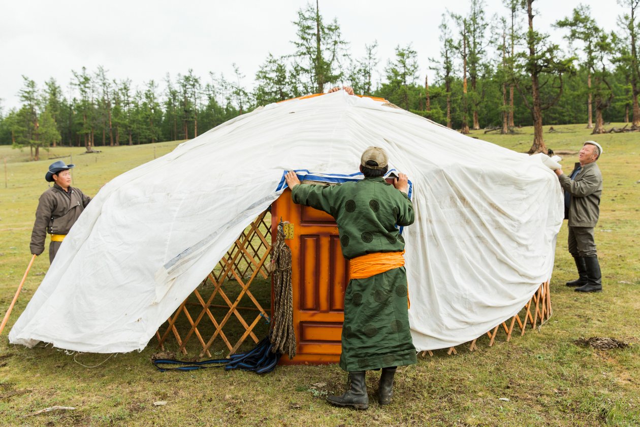 Lokalbefolkning bygger en ger, en bärbar jurta nära sjön Khövsgöl i norra Mongoliet, 2013 (foto) av Ira Block