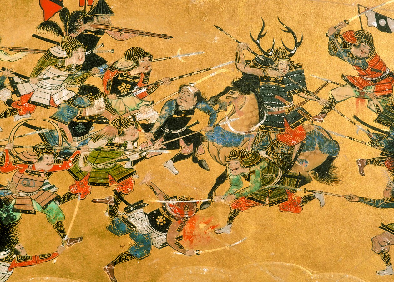 Mitten av två paneler som föreställer scener från slaget vid Osaka, Japan, 2005 (foto) av Ira Block