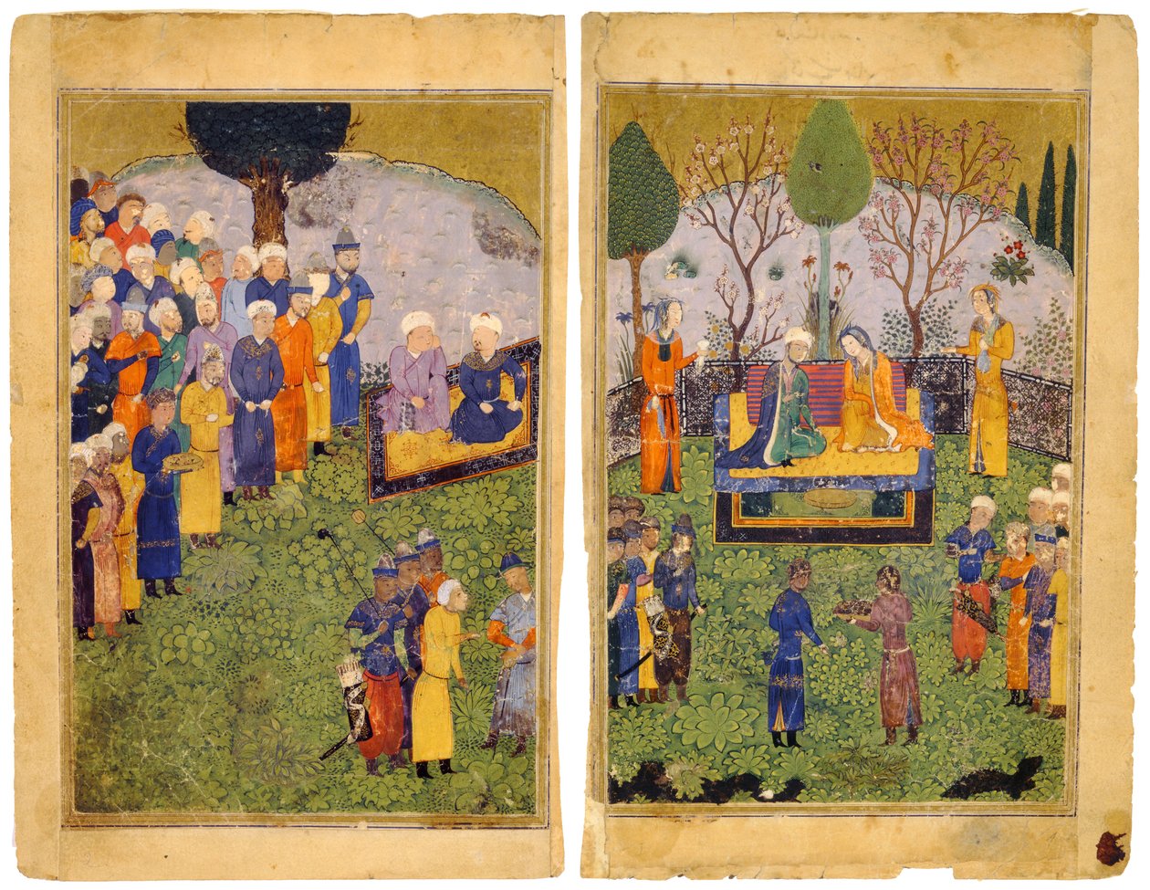 Ett prinspar med hovmän i en trädgård. Från Shahnama Book of Kings av Iranian Master