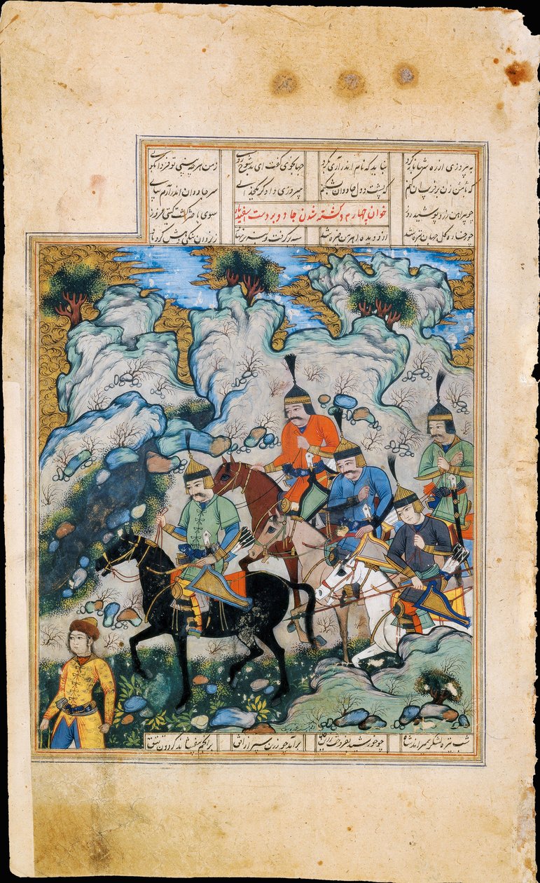 Esfandiyar och hans armémanuskriptbelysning från det episka Shahname av Ferdowsi av Iranian Master
