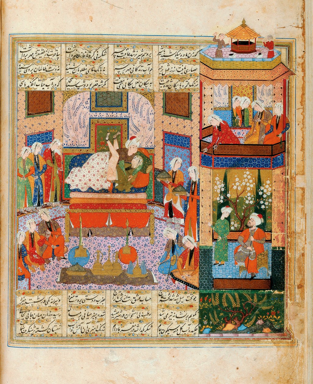 Fullbordandet av äktenskapet mellan Khusraw och Shirin miniatyr från de åtta poetiernas cykel av Iranian Master