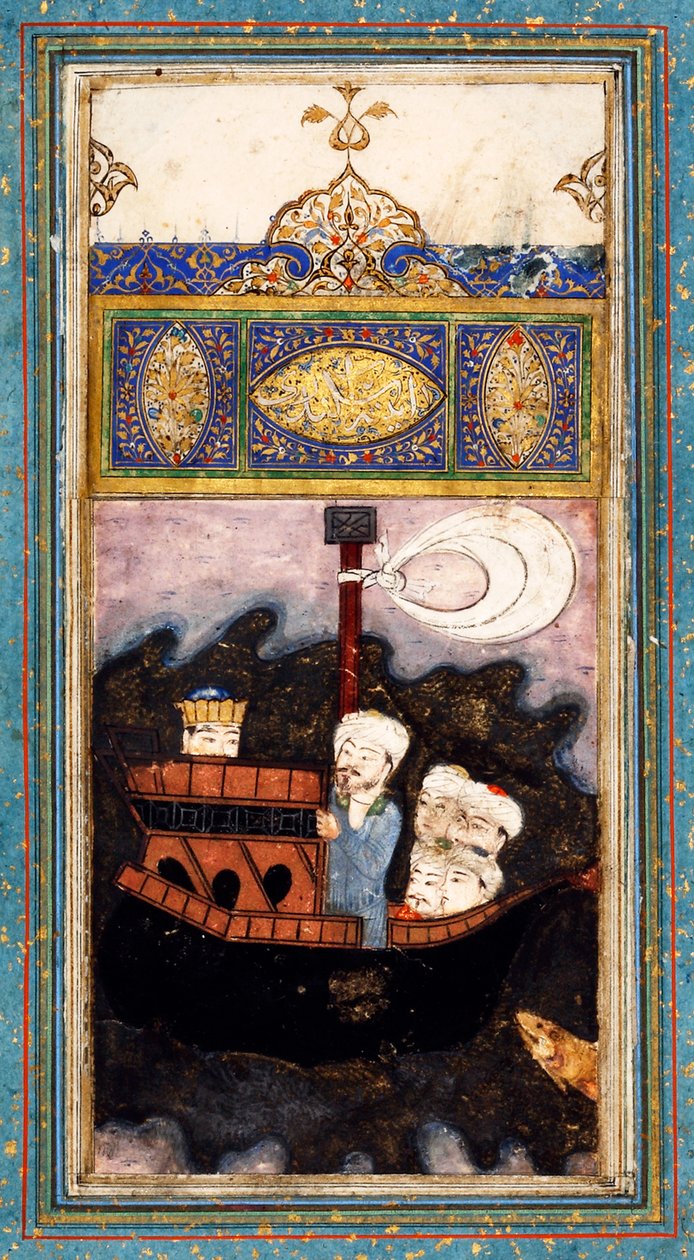 Handelsskepp attackerat av pirater. Från Aina-i Iskandari Mirror of Alexander the Great av Amir Khusr av Iranian Master