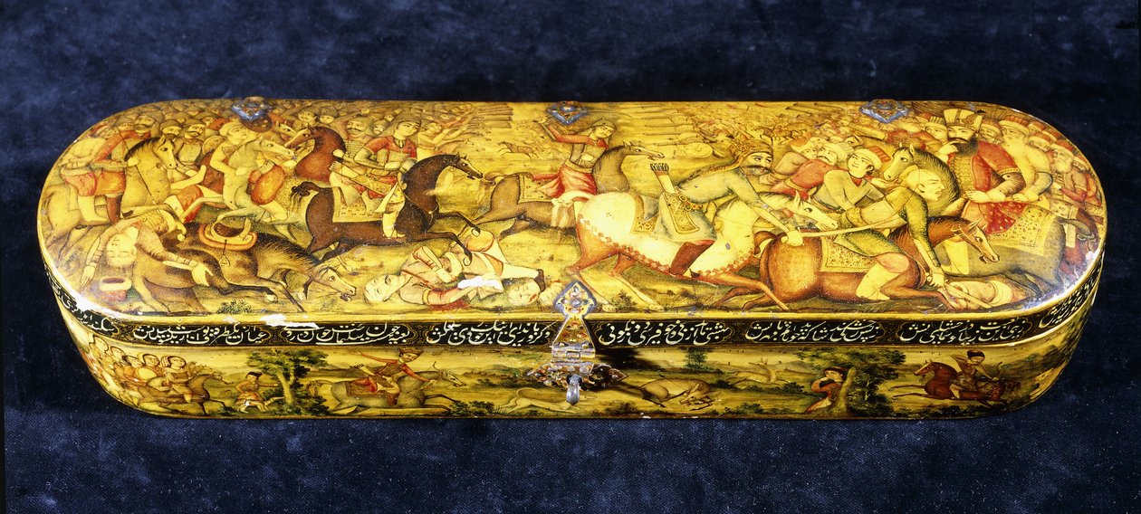 En pennask av papier mache, toppen målad med slaget vid Chaldiran av Iranian School