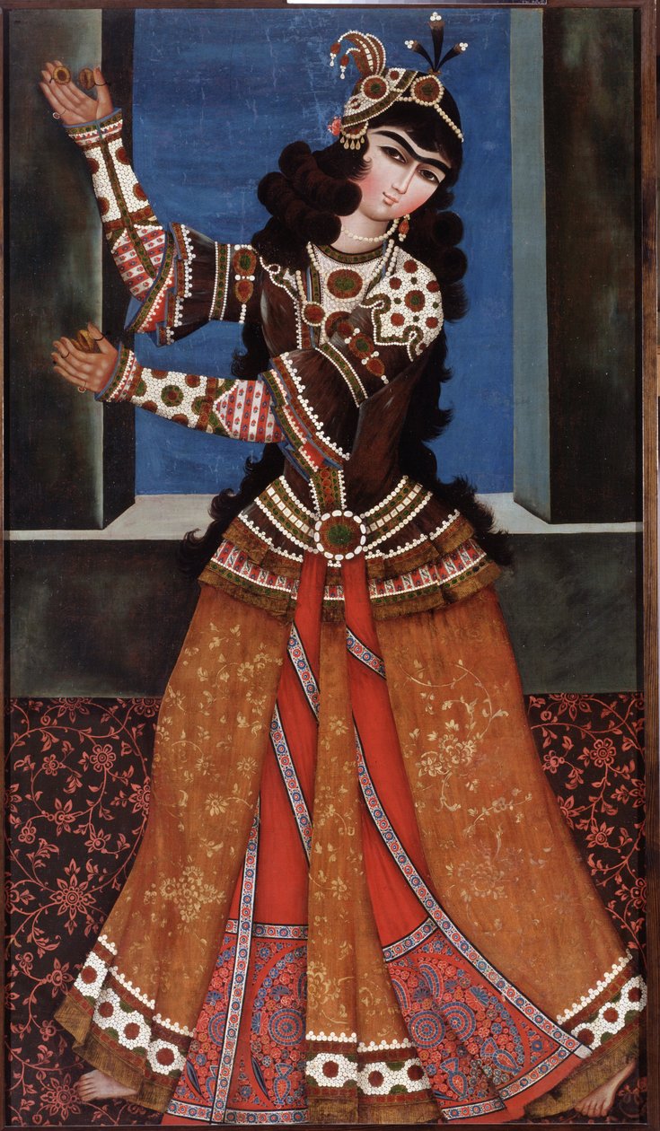 Dansare med kastanjetter - Målning av en iransk mästare, olja på duk (158x90 cm), tidigt 1800-tal - Dansande flicka med kastanjetter, Olja på duk av en iransk mästare, tidigt 1800-tal - State Hermitage, St. Petersburg av Iranian School