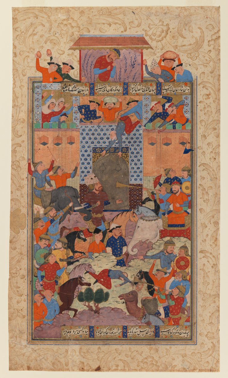 Folio from a Shahnameh: The Iranians Capture Afrasiyabs Fortress, c.1580-1590 (bläck & ogenomskinlig wc på papper) av Iranian School