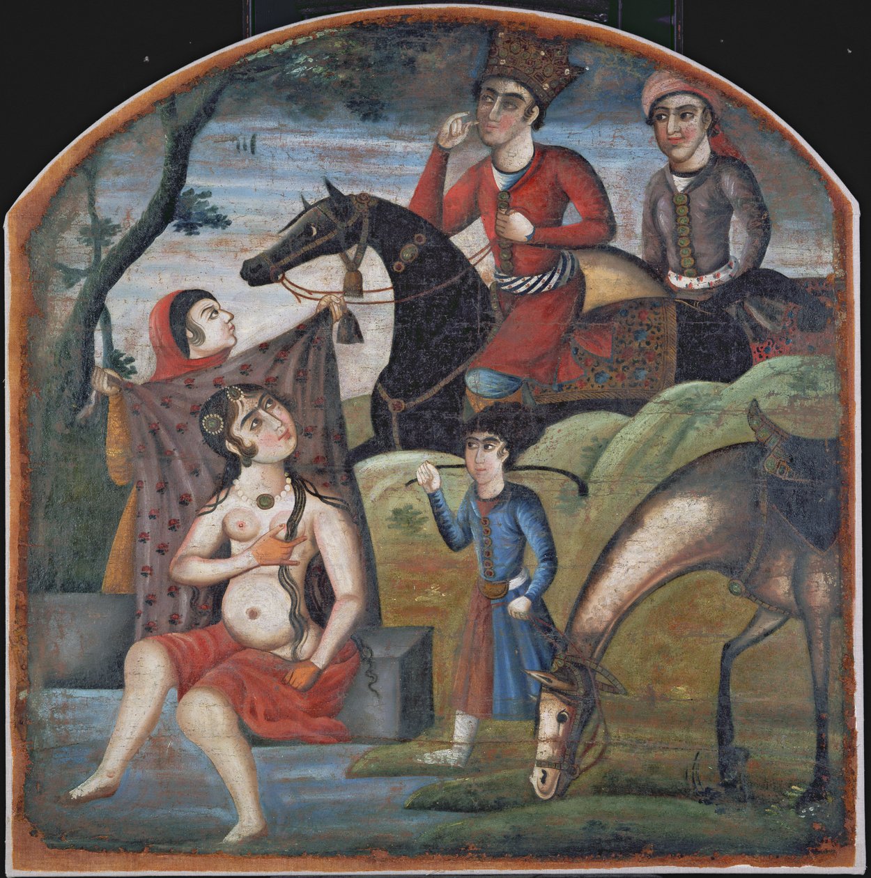 Khusraw upptäcker Shirin Bathing, mitten av 1700-talet av Iranian School