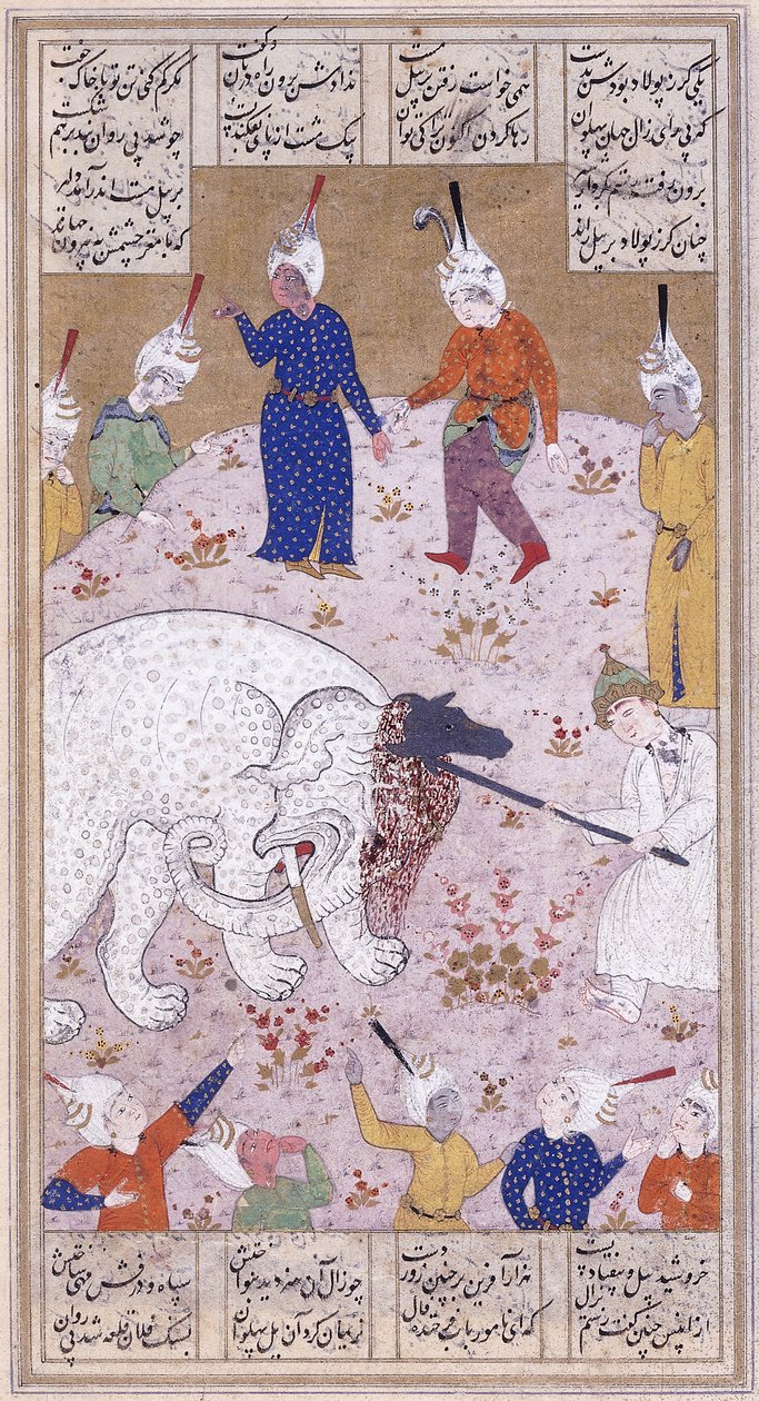 Den unga Rustem som dödar den vita elefanten, c.1545 av Iranian School