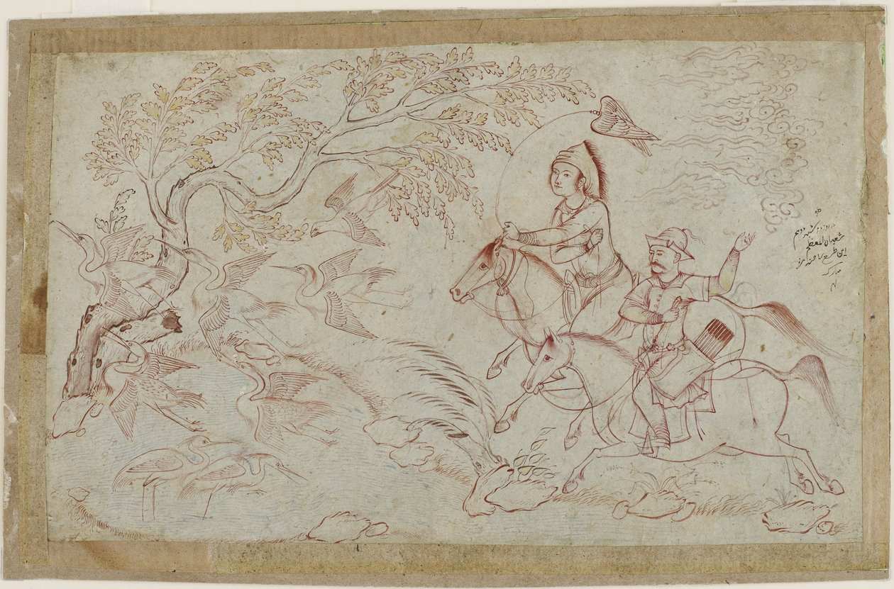 Två ryttare som jagar med falk, 1640-tal av Iranian School