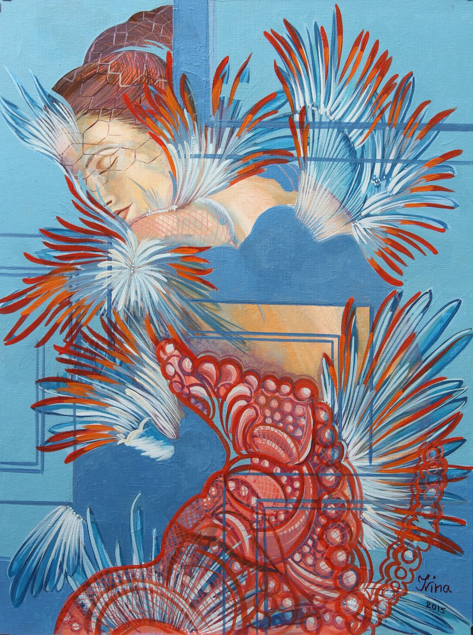 Röd klänning och chickadees, 2015 av Irina Corduban