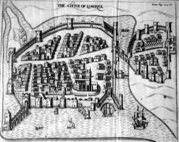 1600-talsplan över staden Limerick, Irland (gravyr) av Irish School