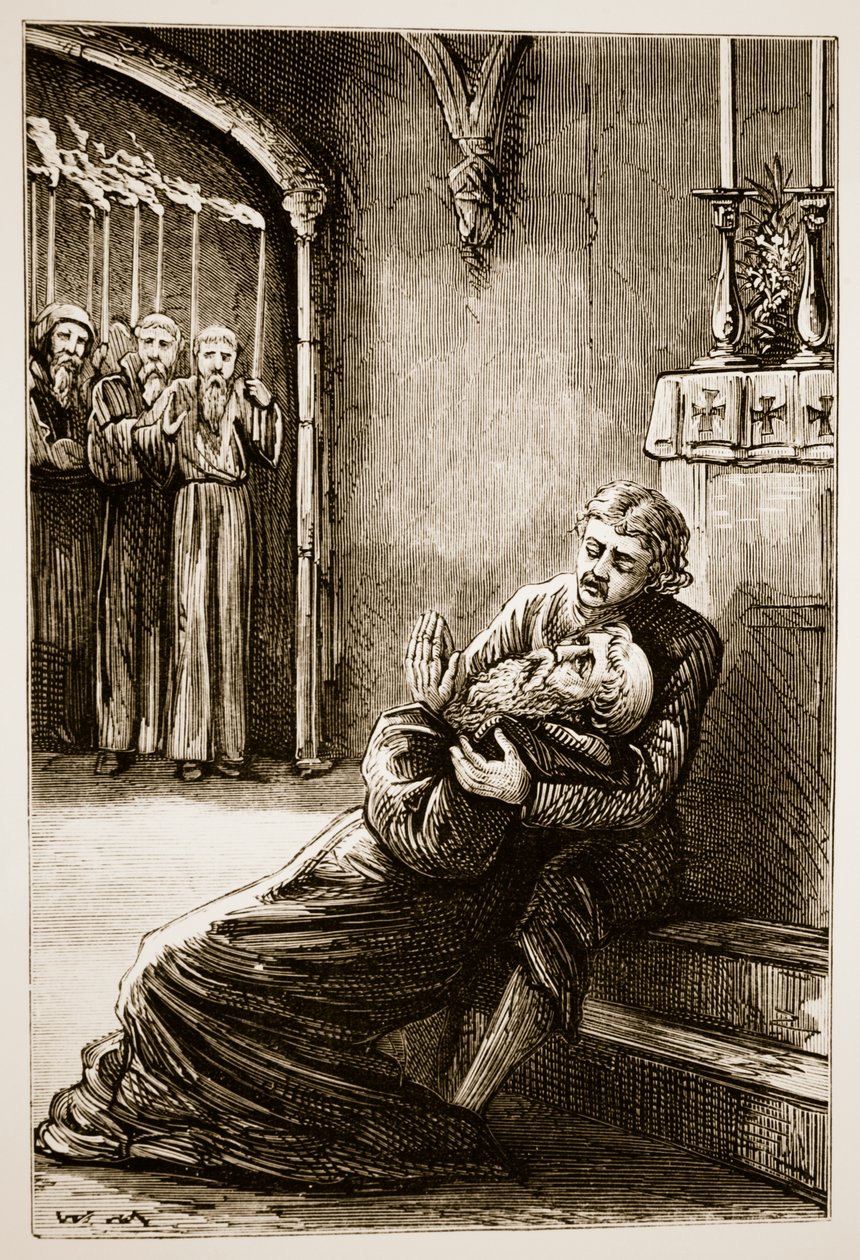 Death of St. Columba, från The Trias Thaumaturga, eller Three Wonder-Working Saints of Ireland, av Mary Cusack (1829-99) publicerad ca 1890-talet av Irish School