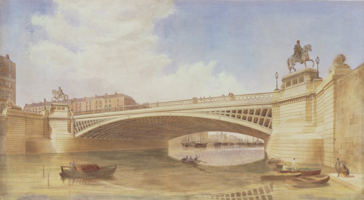 Design för Carlisle Bridge, nu OConnell Bridge, Dublin, tillskriven herrarna Turners och Page (wc) kontor av Irish School