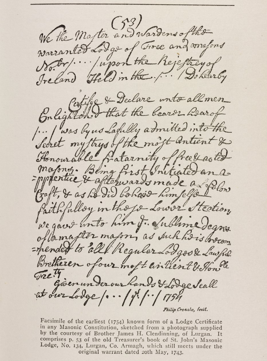 Det tidigaste kända certifikatet (irländskt) med ett sigill från Grand Lodge, 1762 av Irish School