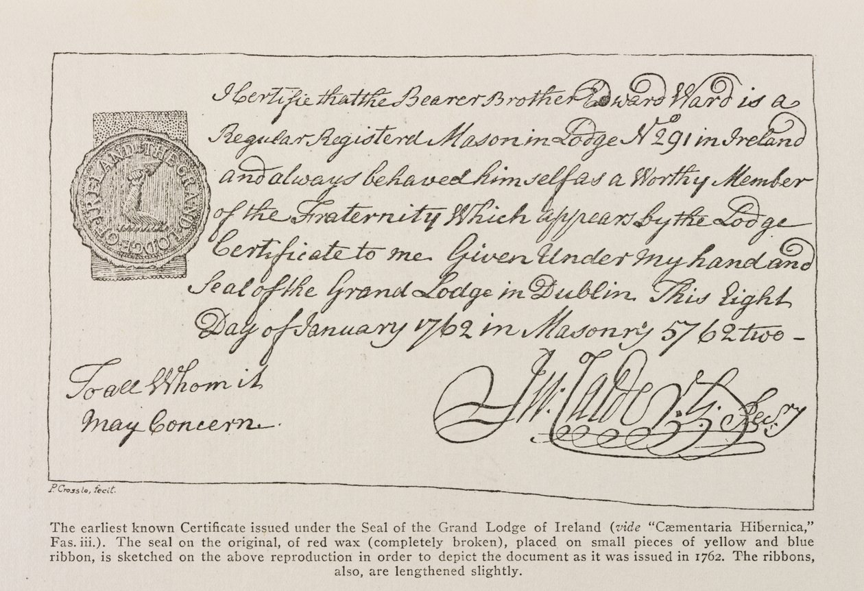 Faksimil av det tidigaste kända certifikatet utfärdat under Seal of the Grand Lodge of Ireland, daterat 1762 av Irish School