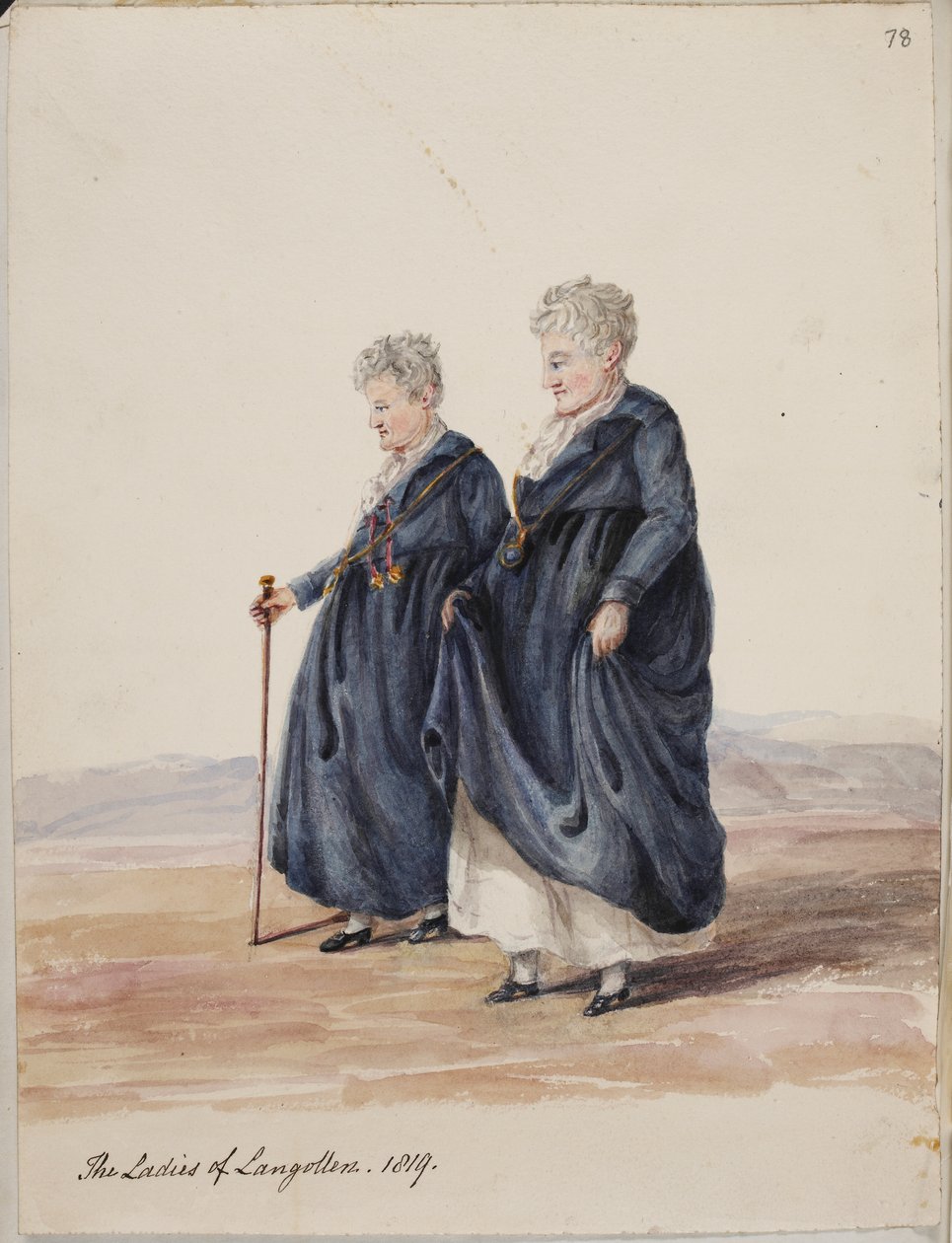 Lady Eleanor Butler och Miss Sarah Ponsonby, The ladies of Llangollen, ca 1816 (teckning) av Irish School